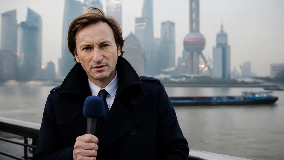 Arnauld Miguet présente un reportage devant la skyline de Shanghai avec un micro à la main
