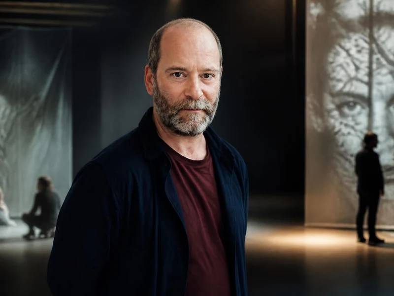 Le metteur en scène Arthur Nauzyciel pose dans un espace scénique sombre avec des projections en arrière-plan
