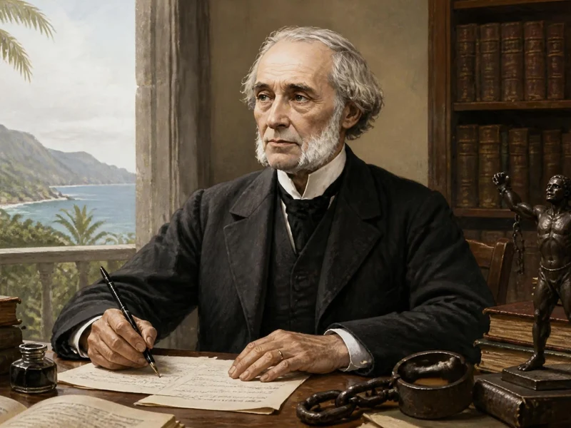 Portrait d'Auguste Lacaussade écrivant à son bureau avec vue sur un paysage tropical et des symboles de liberté