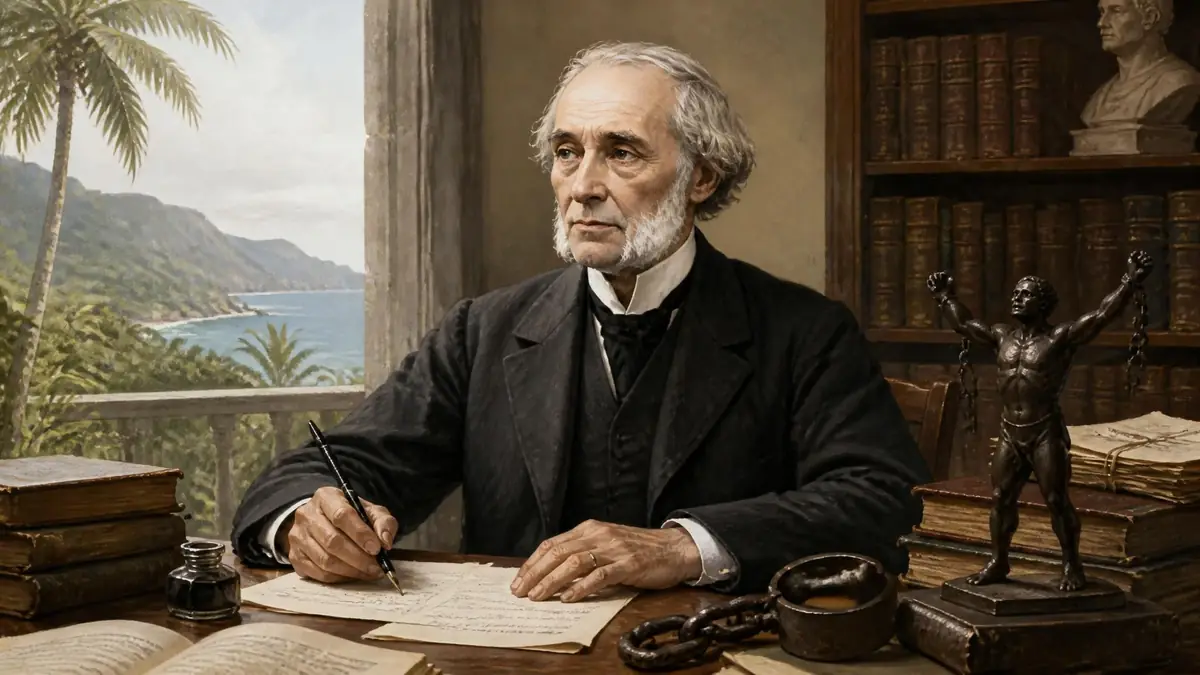 Portrait d'Auguste Lacaussade écrivant à son bureau avec vue sur un paysage tropical et des symboles de liberté