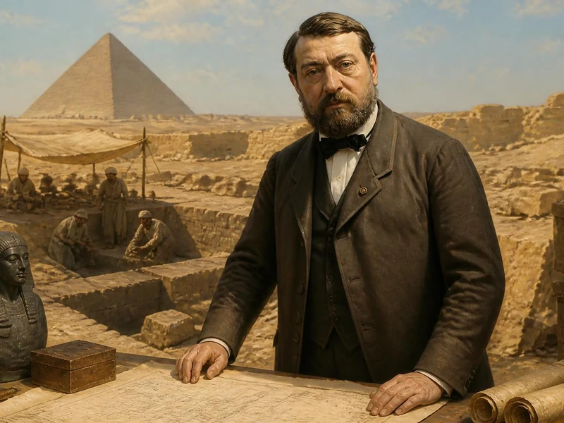 Portrait de l'égyptologue Auguste Mariette devant un chantier de fouilles avec une pyramide en arrière-plan