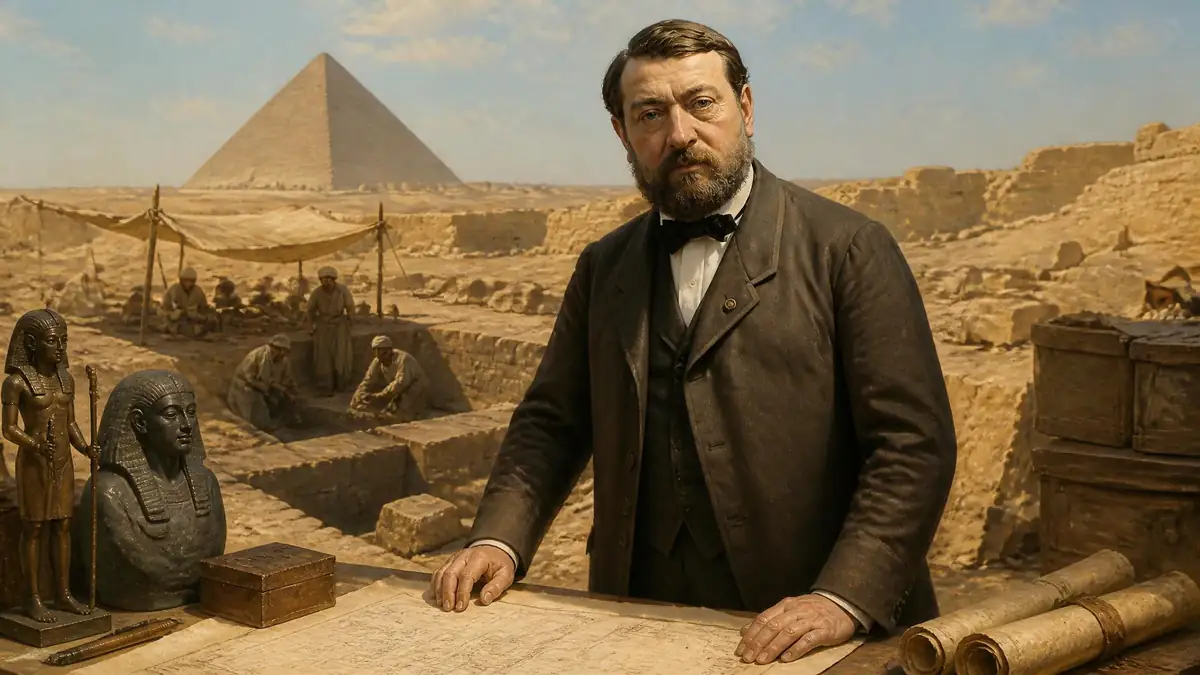 Portrait de l'égyptologue Auguste Mariette devant un chantier de fouilles avec une pyramide en arrière-plan