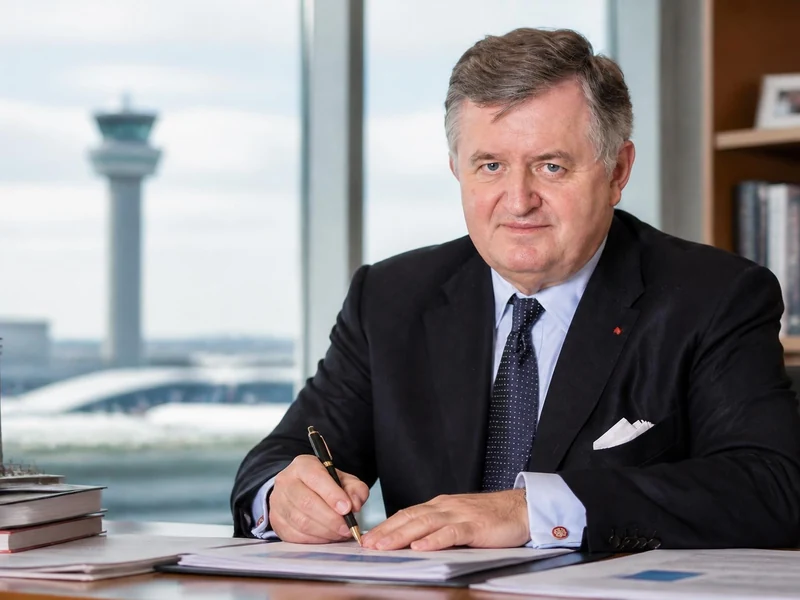Portrait d'Augustin de Romanet travaillant à son bureau avec une tour de contrôle en arrière-plan