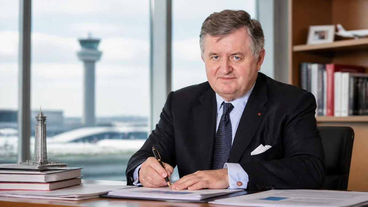 Portrait d'Augustin de Romanet travaillant à son bureau avec une tour de contrôle en arrière-plan