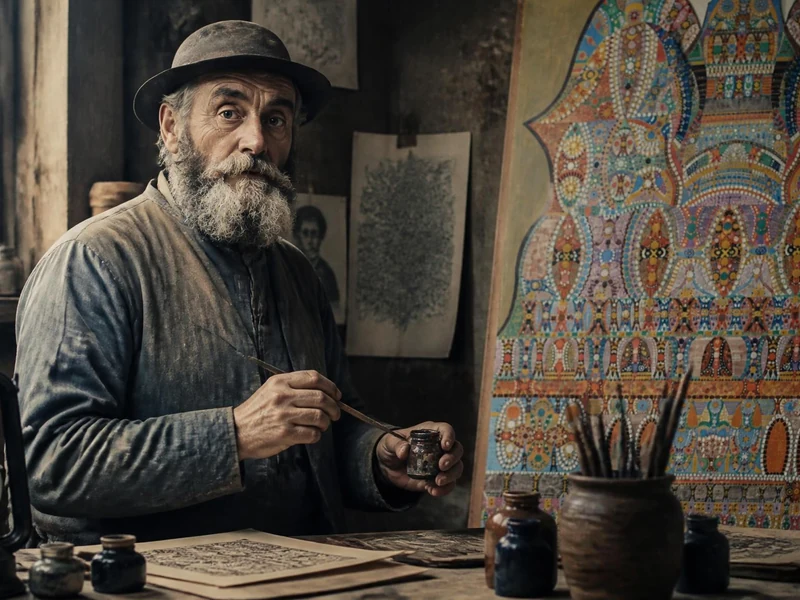 Portrait d'Augustin Lesage travaillant sur une peinture complexe et détaillée dans son atelier