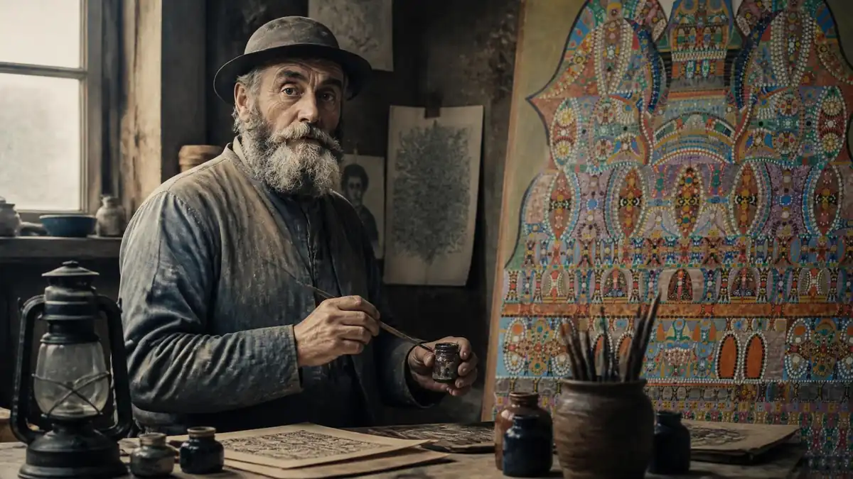 Portrait d'Augustin Lesage travaillant sur une peinture complexe et détaillée dans son atelier