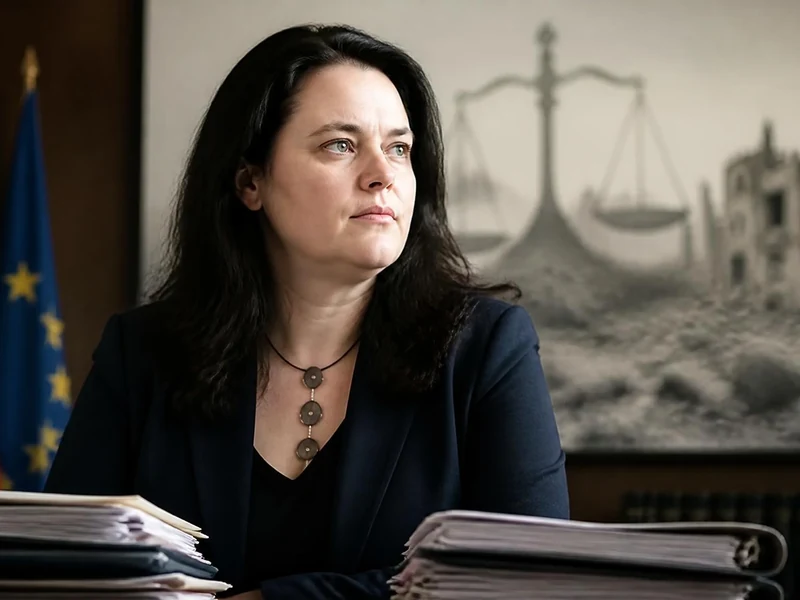 La magistrate Aurélia Devos assise devant des dossiers judiciaires avec des drapeaux en arrière-plan
