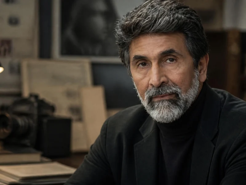 Portrait du comédien Azize Kabouche posant dans un bureau chaleureux avec une lampe de bureau en arrière-plan