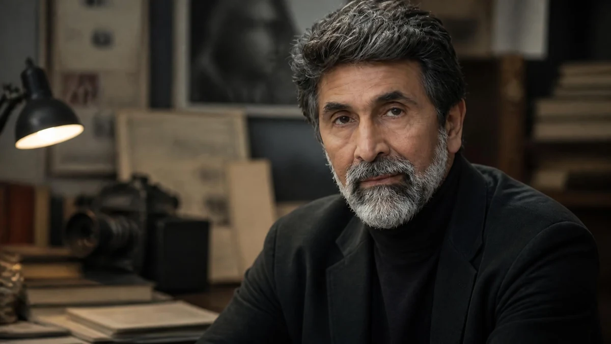 Portrait du comédien Azize Kabouche posant dans un bureau chaleureux avec une lampe de bureau en arrière-plan