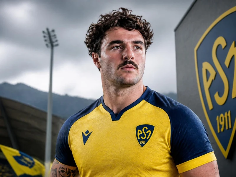 Le joueur de rugby Baptiste Germain pose avec le maillot jaune et bleu devant le stade de son club