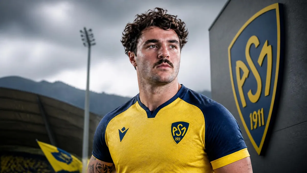 Le joueur de rugby Baptiste Germain pose avec le maillot jaune et bleu devant le stade de son club