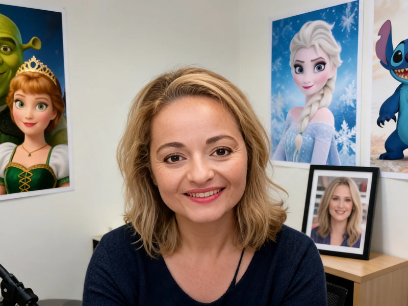 Portrait souriant de la comédienne de doublage Barbara Tissier dans un studio entourée d'affiches de films d'animation