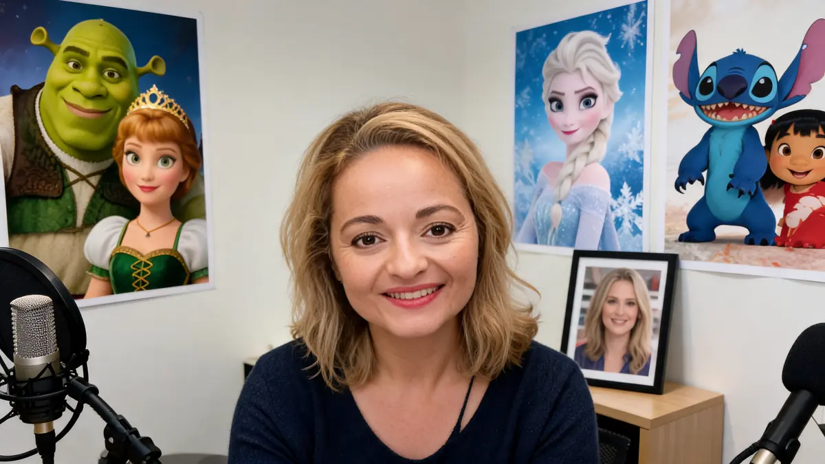 Portrait souriant de la comédienne de doublage Barbara Tissier dans un studio entourée d'affiches de films d'animation