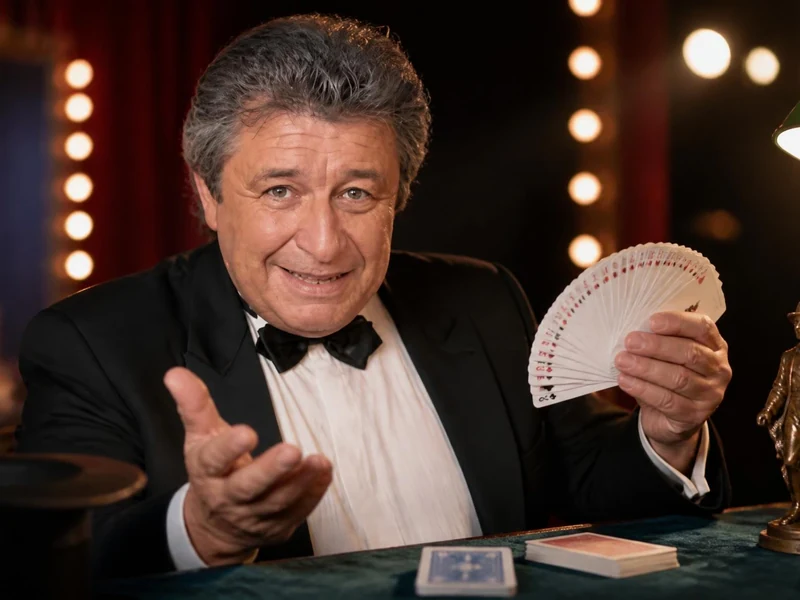 Le célèbre magicien Bernard Bilis tient un éventail de cartes à jouer lors d'une démonstration de prestidigitation