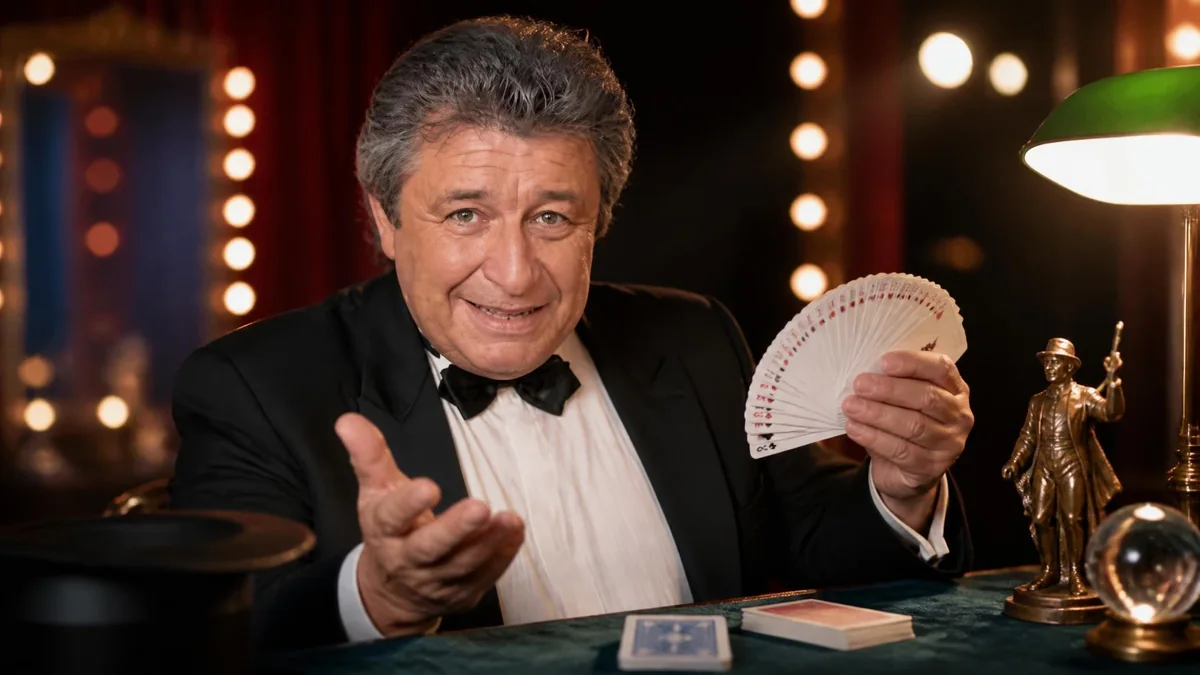 Le célèbre magicien Bernard Bilis tient un éventail de cartes à jouer lors d'une démonstration de prestidigitation