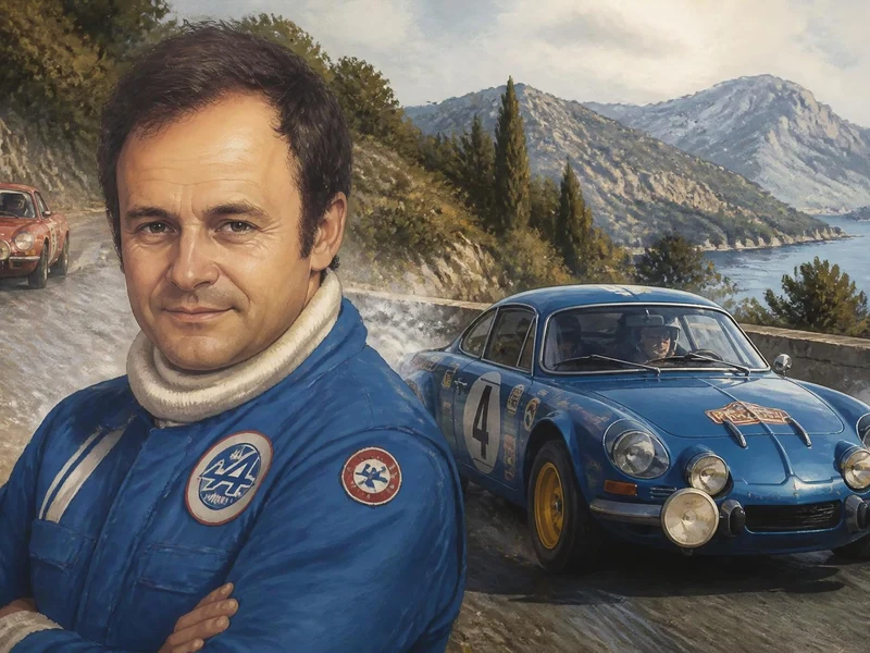 Portrait de Bernard Darniche devant des voitures de rallye sur une route côtière en montagne