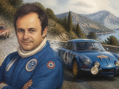 Portrait de Bernard Darniche devant des voitures de rallye sur une route côtière en montagne