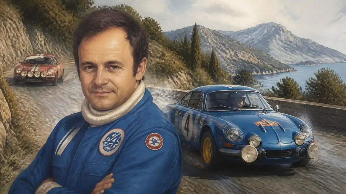 Portrait de Bernard Darniche devant des voitures de rallye sur une route côtière en montagne