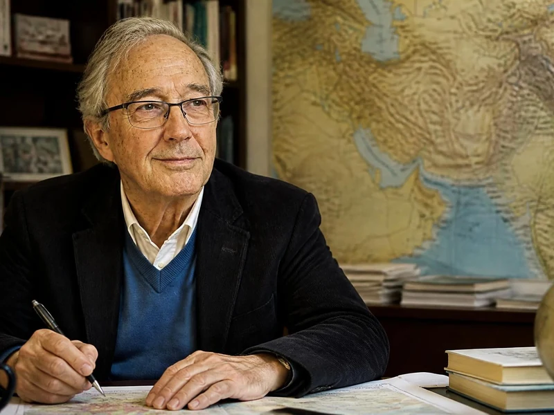 Portrait du géographe Bernard Hourcade travaillant à son bureau devant une carte et une bibliothèque