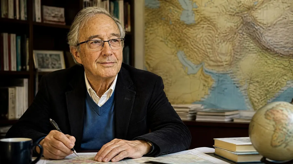 Portrait du géographe Bernard Hourcade travaillant à son bureau devant une carte et une bibliothèque