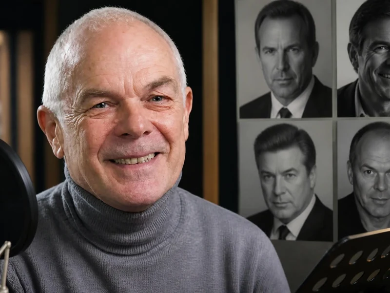 Le comédien Bernard Lanneau sourit devant un micro de studio avec des photos d'acteurs en arrière-plan