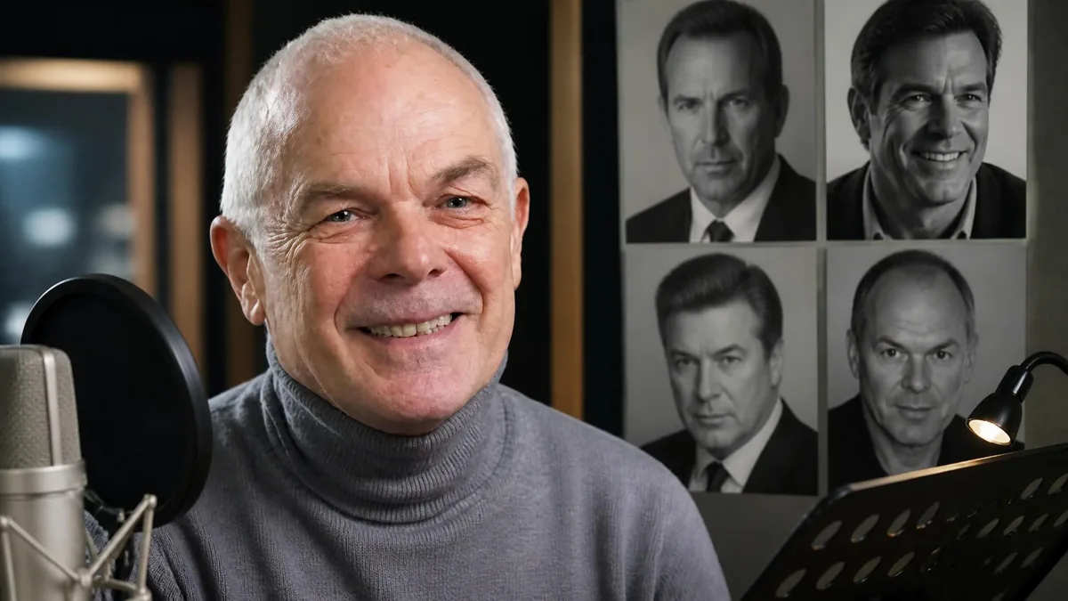 Le comédien Bernard Lanneau sourit devant un micro de studio avec des photos d'acteurs en arrière-plan