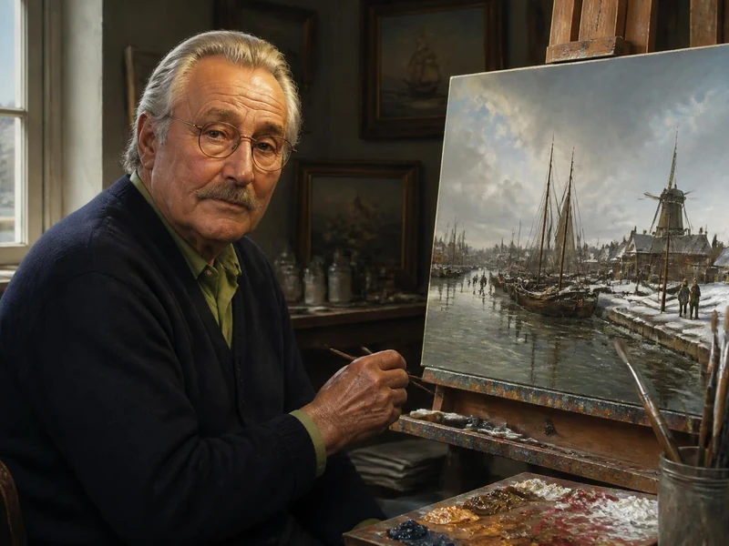 Le peintre Bernard Page travaille sur une toile représentant un paysage de canaux enneigés dans son atelier