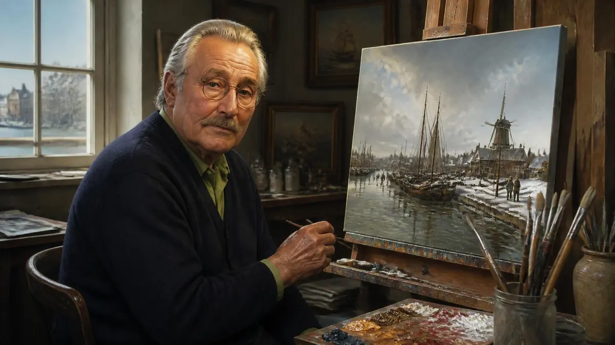Le peintre Bernard Page travaille sur une toile représentant un paysage de canaux enneigés dans son atelier
