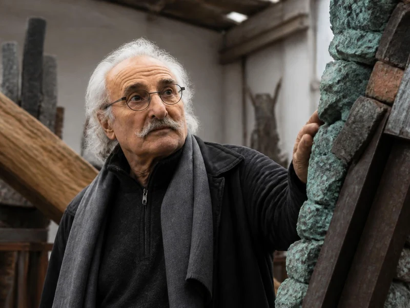 Bernard Pagès examine une de ses sculptures monumentales dans son atelier