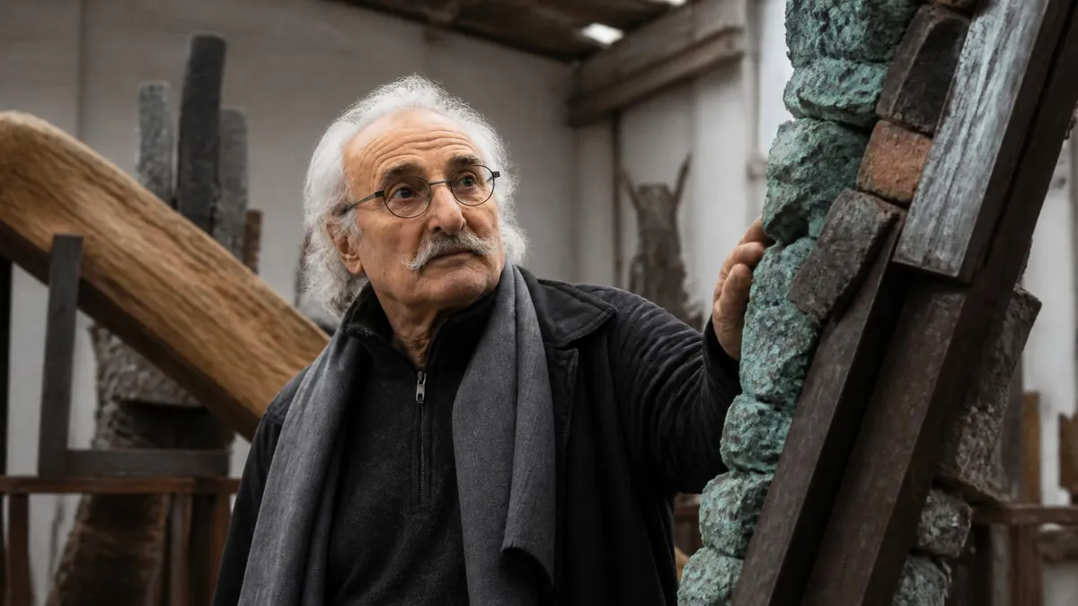 Bernard Pagès examine une de ses sculptures monumentales dans son atelier