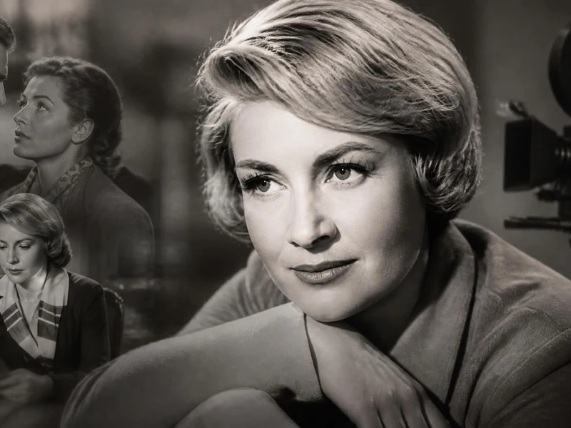 Portrait en noir et blanc de la célèbre comédienne Blanchette Brunoy avec des extraits de films en arrière-plan