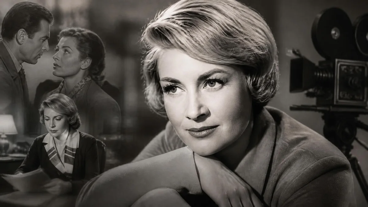 Portrait en noir et blanc de la célèbre comédienne Blanchette Brunoy avec des extraits de films en arrière-plan