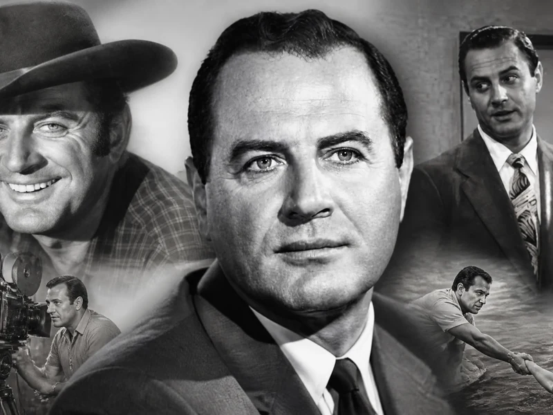 Montage en noir et blanc illustrant les différents rôles marquants de l'acteur Brad Dexter au cinéma
