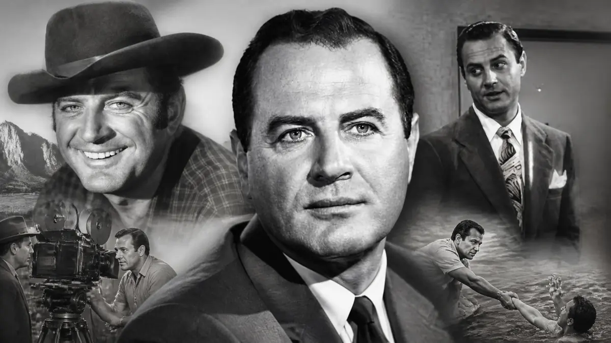 Montage en noir et blanc illustrant les différents rôles marquants de l'acteur Brad Dexter au cinéma