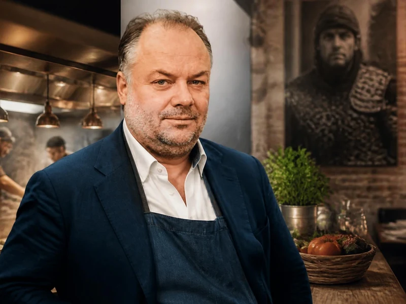 Brice Fournier pose dans son restaurant en portant une veste de costume sur un tablier de cuisine