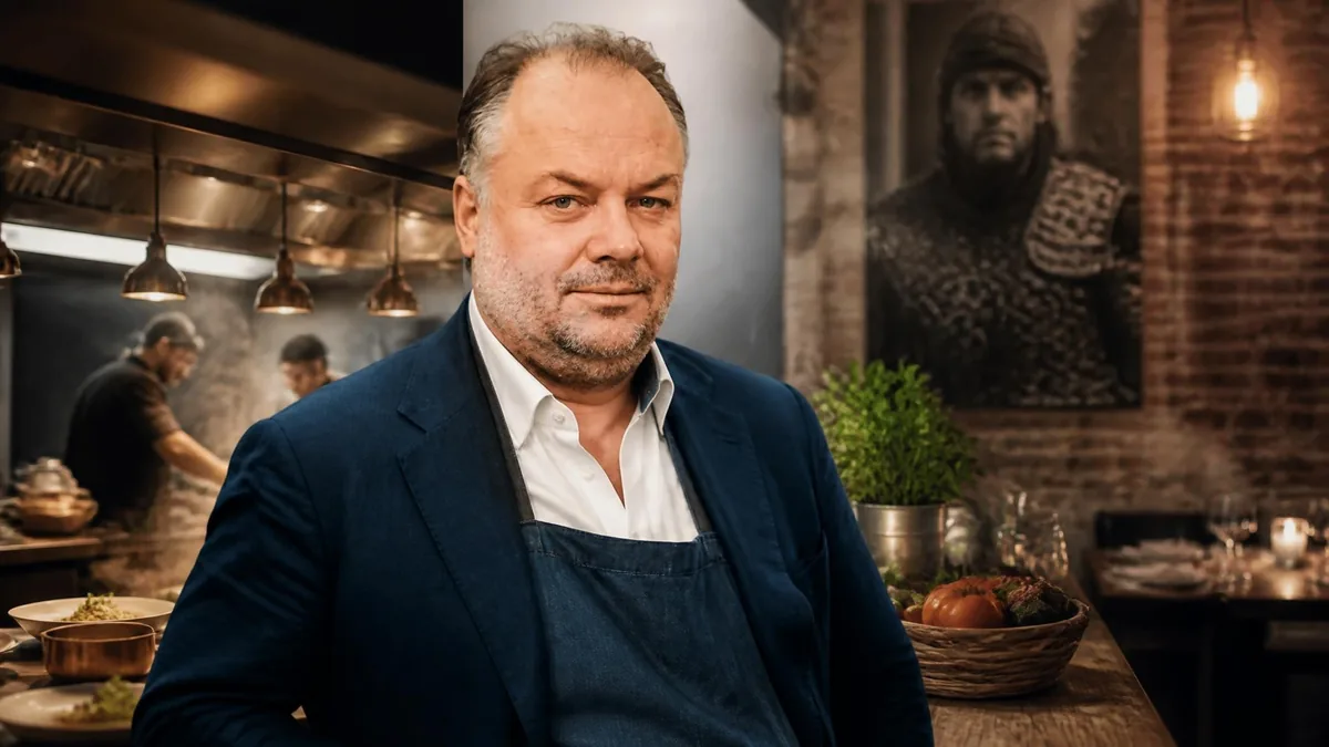 Brice Fournier pose dans son restaurant en portant une veste de costume sur un tablier de cuisine