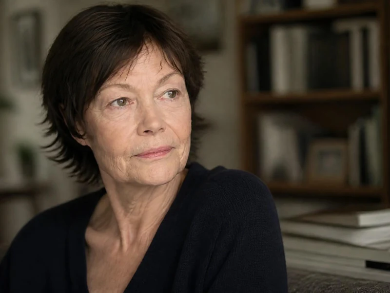 Portrait de l'actrice Brigitte Catillon regardant au loin dans un intérieur calme