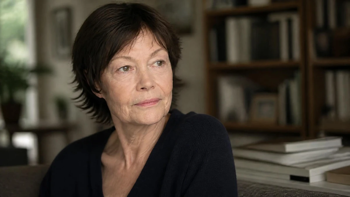 Portrait de l'actrice Brigitte Catillon regardant au loin dans un intérieur calme