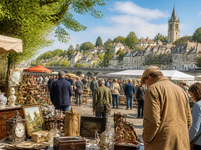 Des visiteurs flânent entre les stands d'objets anciens lors de brocantes dans le 95 par une belle journée ensoleillée