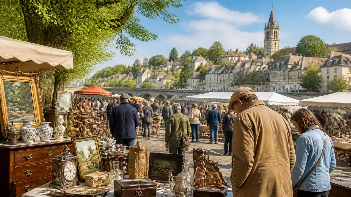 Des visiteurs flânent entre les stands d'objets anciens lors de brocantes dans le 95 par une belle journée ensoleillée