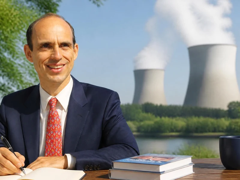 Portrait de Bruno Comby écrivant devant une centrale nucléaire en extérieur