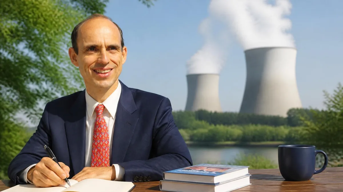 Portrait de Bruno Comby écrivant devant une centrale nucléaire en extérieur