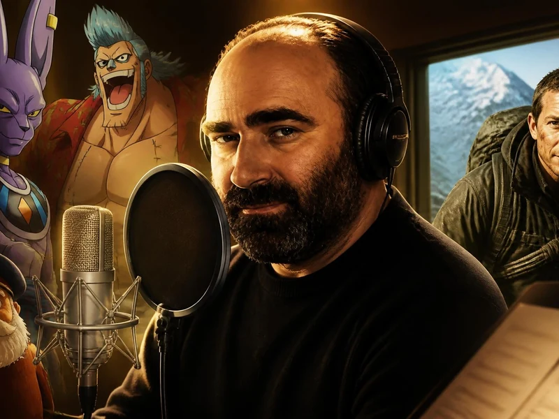 Le comédien Bruno Magne en studio d'enregistrement entouré par ses personnages emblématiques