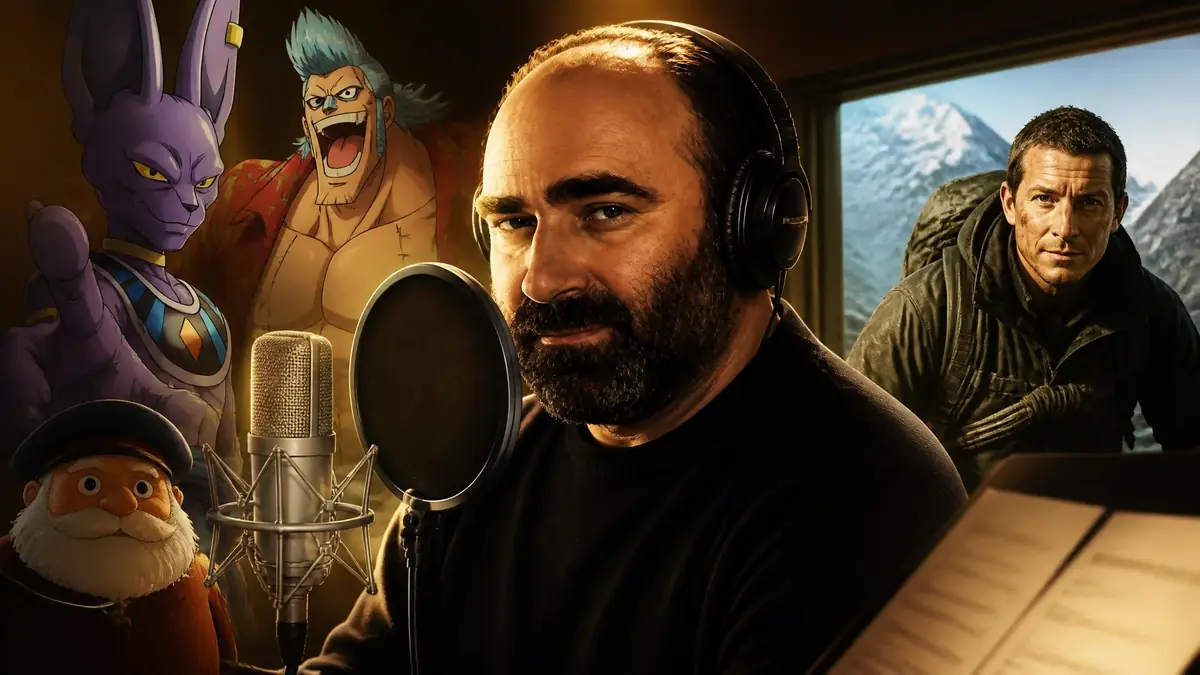 Le comédien Bruno Magne en studio d'enregistrement entouré par ses personnages emblématiques