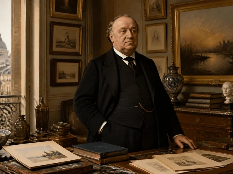Portrait de Camille Groult dans son bureau entouré d'œuvres d'art avec une vue sur Paris en arrière-plan