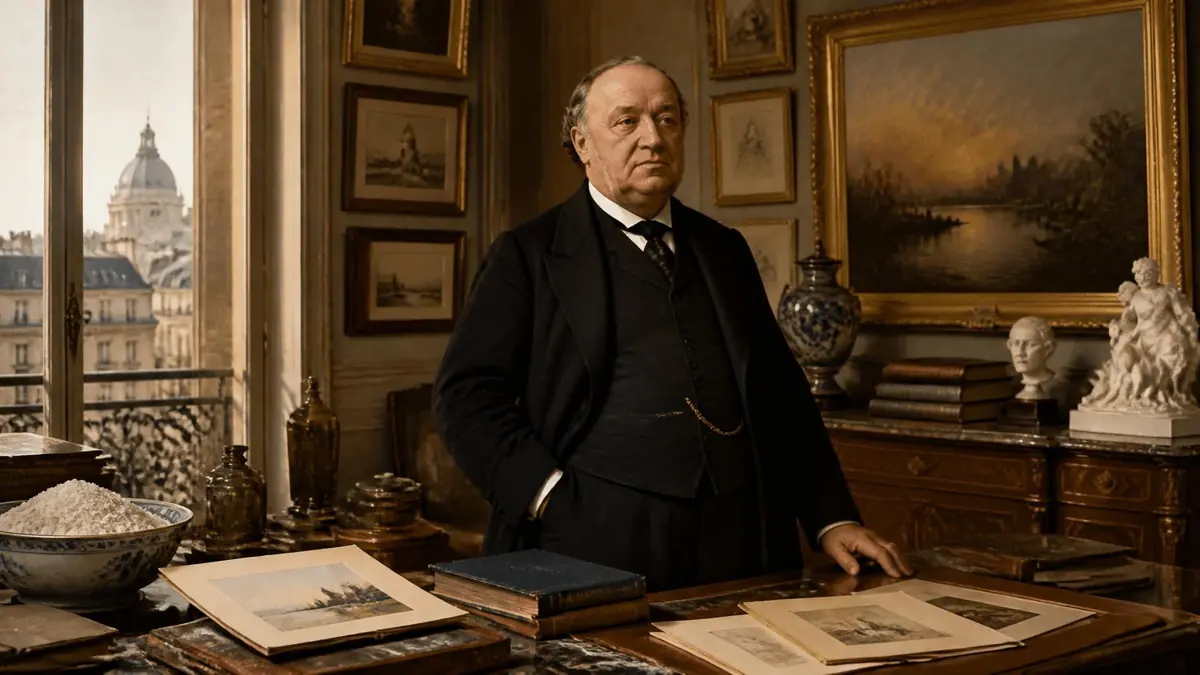 Portrait de Camille Groult dans son bureau entouré d'œuvres d'art avec une vue sur Paris en arrière-plan