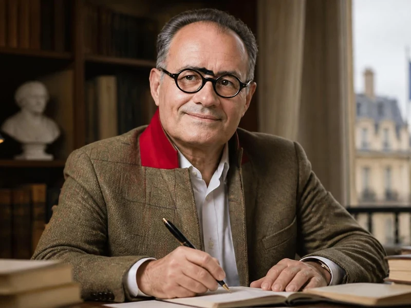 Portrait de l'écrivain Camille Pascal écrivant à son bureau avec une bibliothèque en arrière-plan