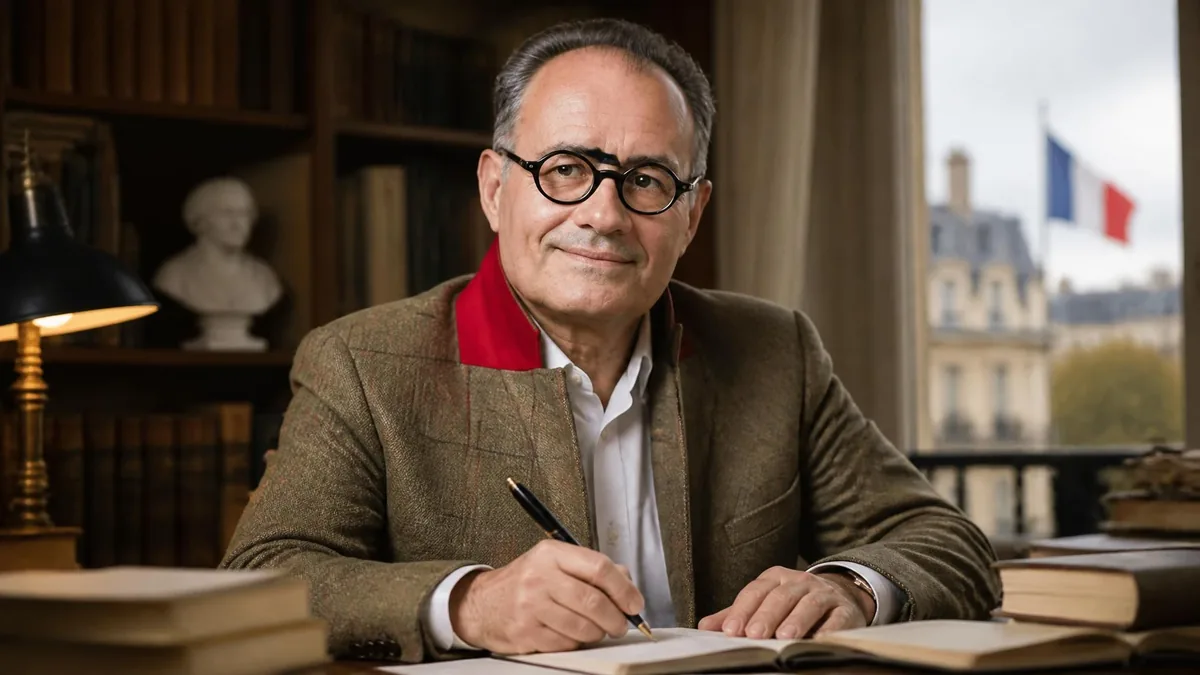 Portrait de l'écrivain Camille Pascal écrivant à son bureau avec une bibliothèque en arrière-plan