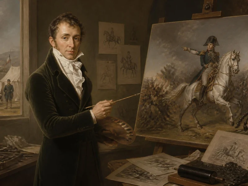 Portrait du peintre Carle Vernet dans son atelier devant une toile représentant Napoléon à cheval