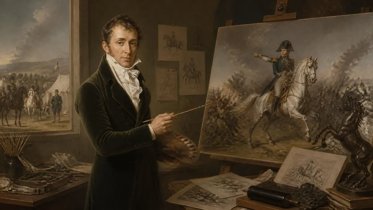 Portrait du peintre Carle Vernet dans son atelier devant une toile représentant Napoléon à cheval